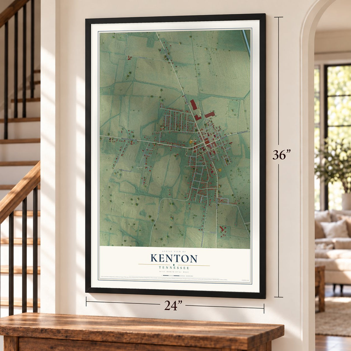 Kenton, Tennessee map, 24 x 36 inch print in a black frame by a staircase
