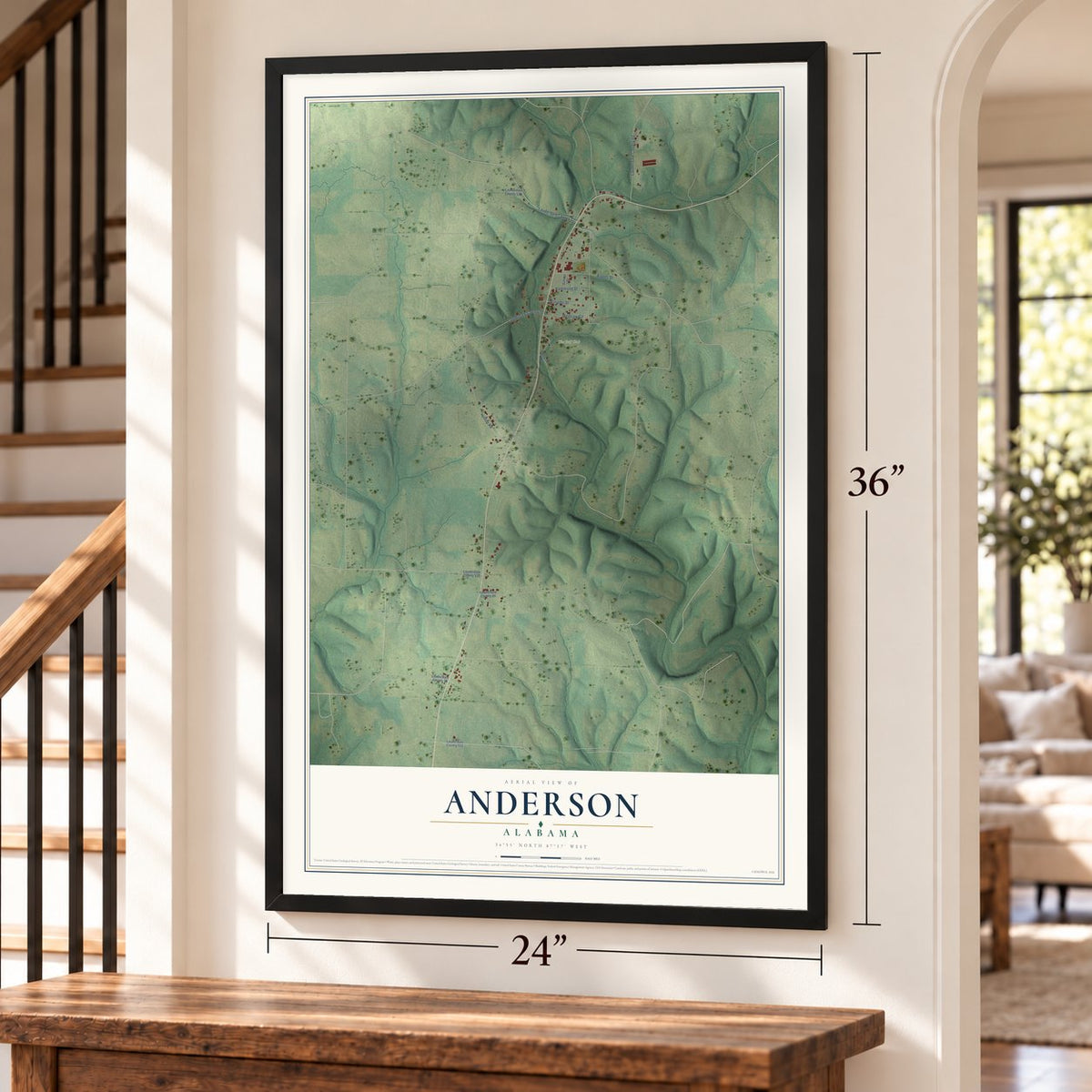 Anderson, Alabama map, 24 x 36 inch print in a black frame by a staircase