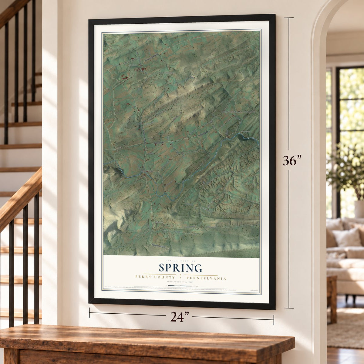 Spring, Perry County, Pennsylvania map, 24 x 36 inch print in a black frame by a staircase
