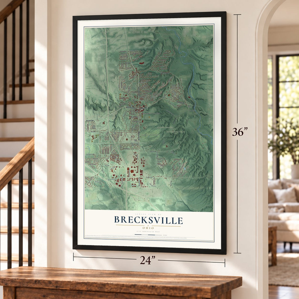 Brecksville, Ohio map, 24 x 36 inch print in a black frame by a staircase