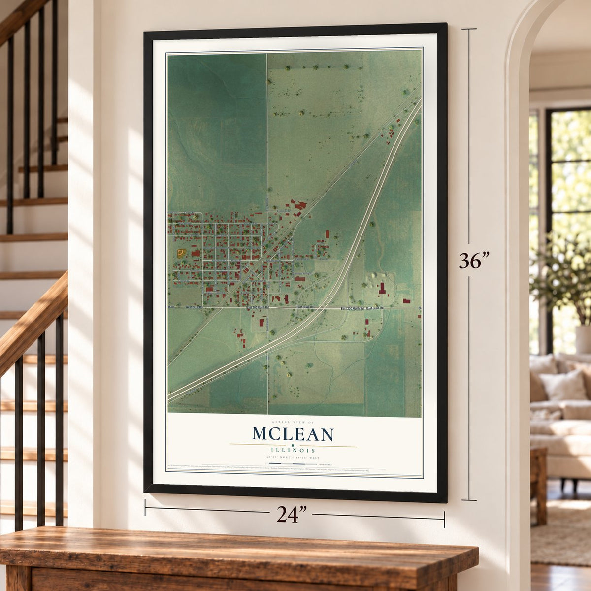 McLean, Illinois map, 24 x 36 inch print in a black frame by a staircase