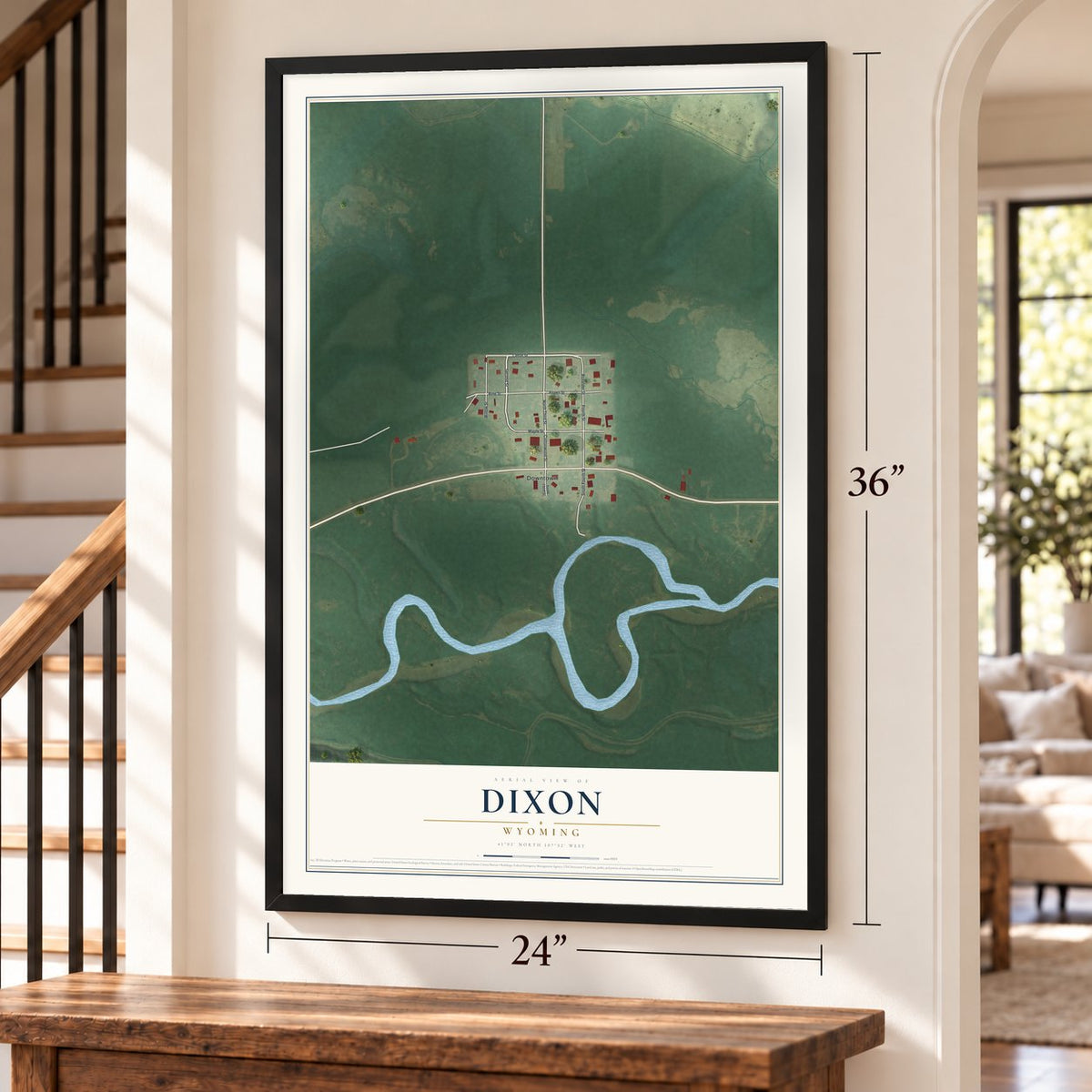 Dixon, Wyoming map, 24 x 36 inch print in a black frame by a staircase