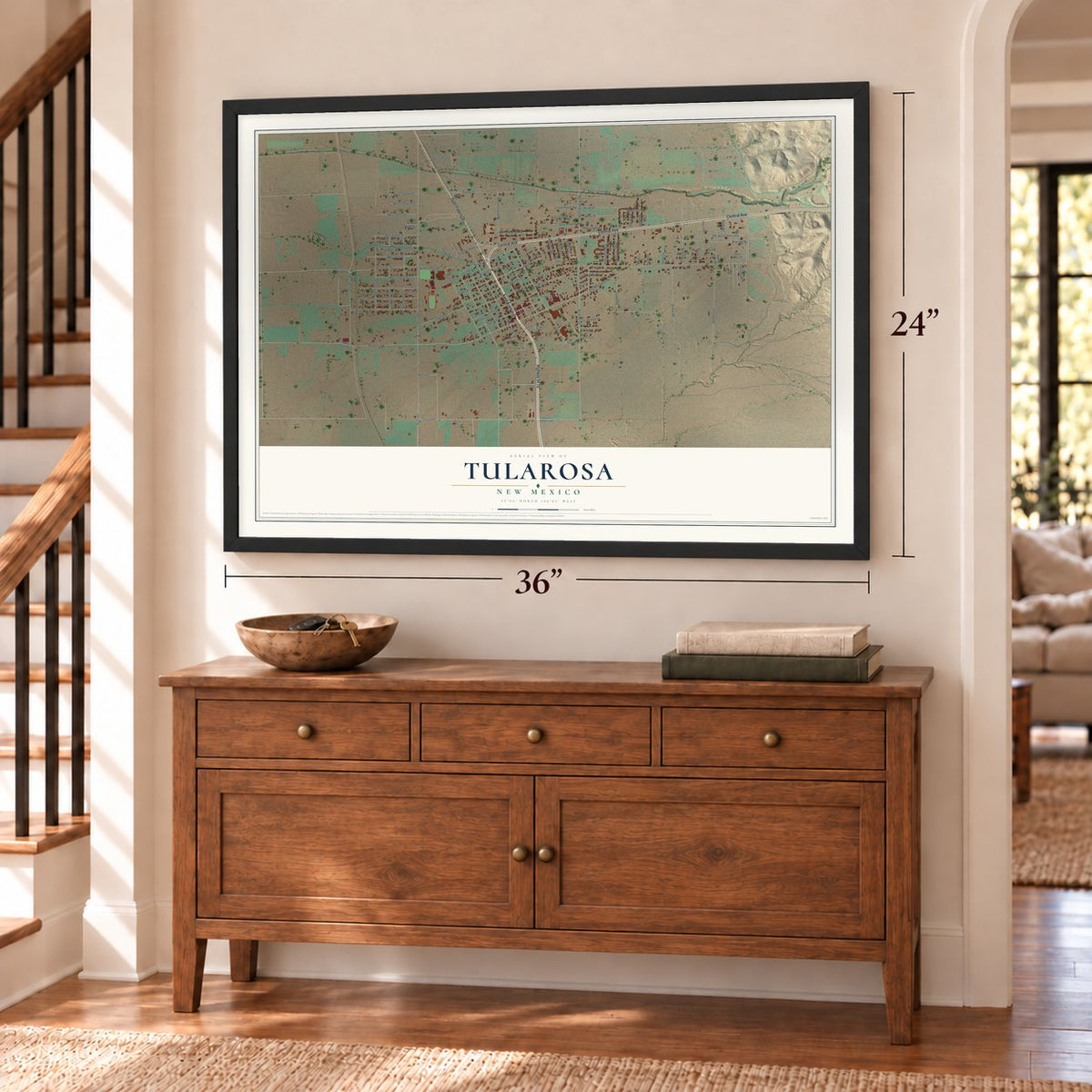 Tularosa, New Mexico map, 24 x 36 inch print in a black frame above a dresser by a staircase