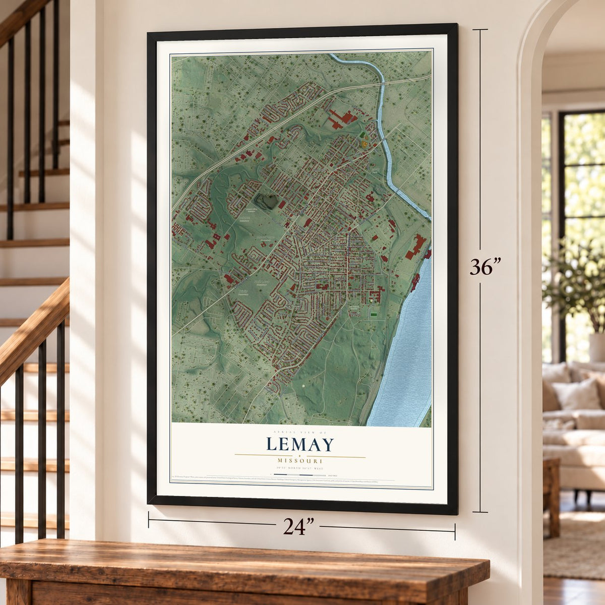 Lemay, Missouri map, 24 x 36 inch print in a black frame by a staircase