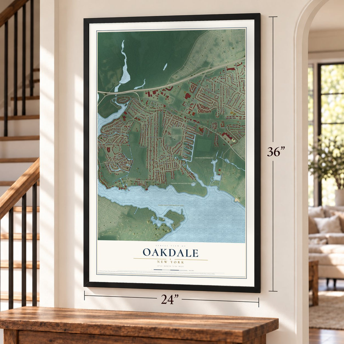 Oakdale, New York map, 24 x 36 inch print in a black frame by a staircase