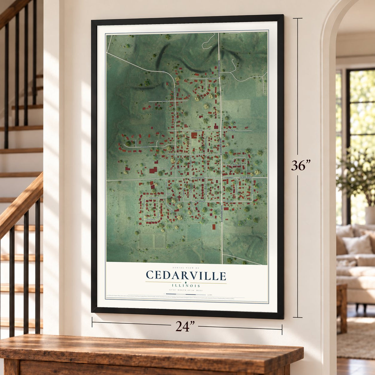 Cedarville, Illinois map, 24 x 36 inch print in a black frame by a staircase