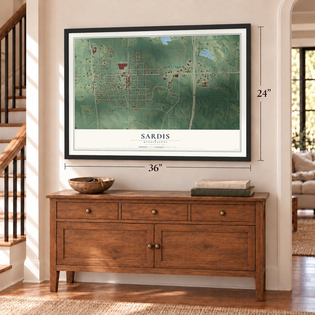 Sardis, Mississippi map, 24 x 36 inch print in a black frame above a dresser by a staircase