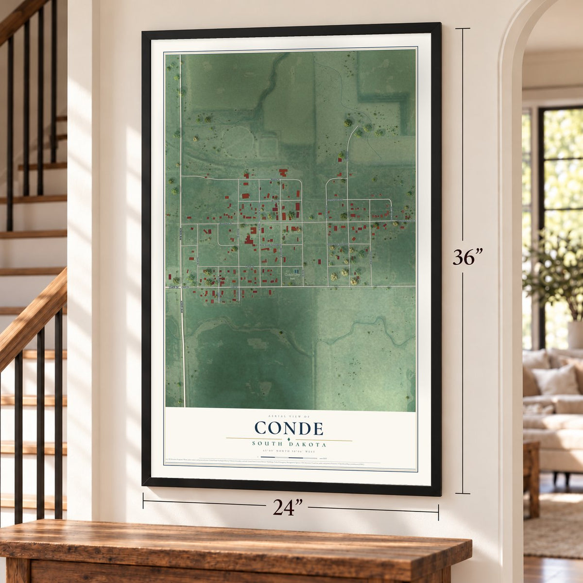 Conde, South Dakota map, 24 x 36 inch print in a black frame by a staircase