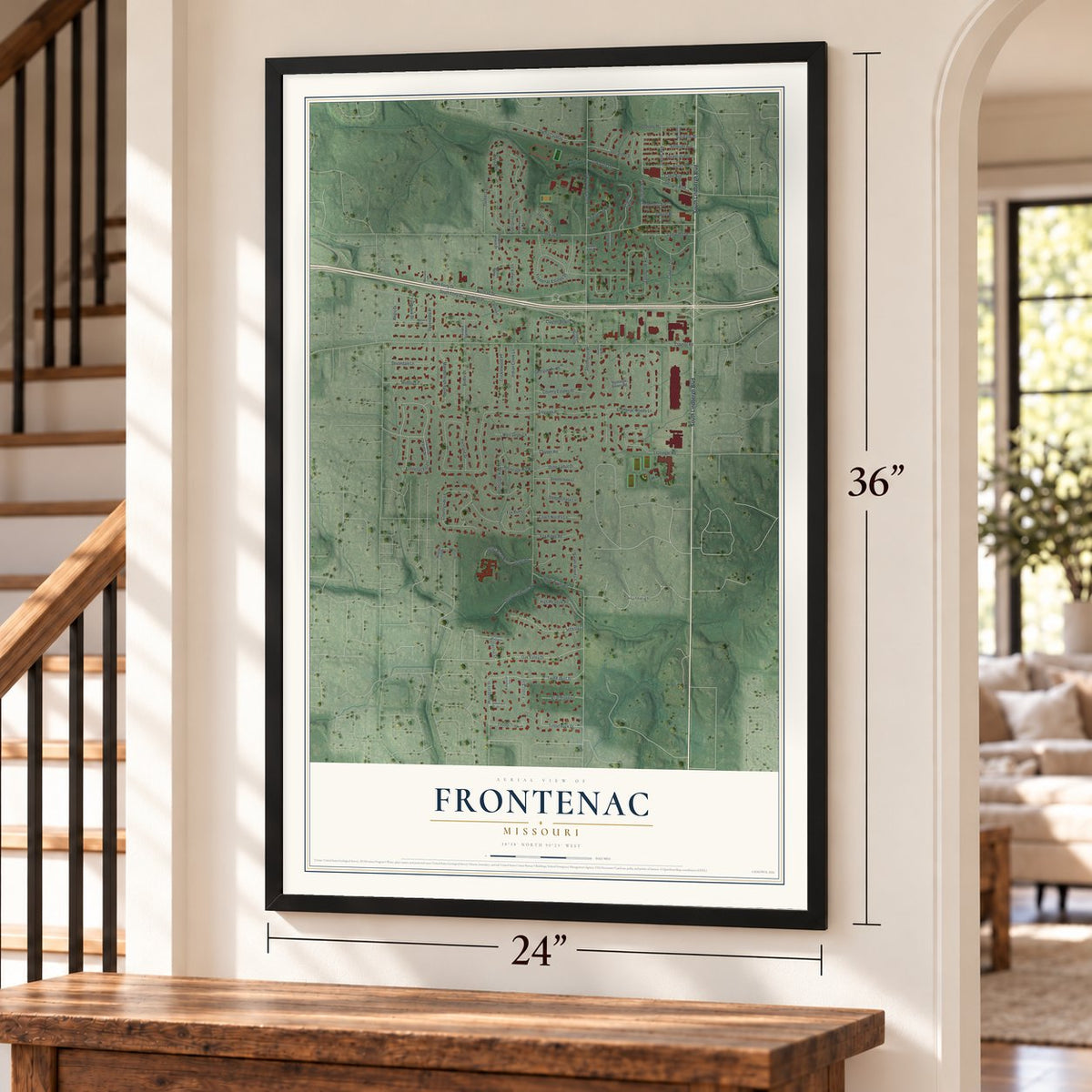 Frontenac, Missouri map, 24 x 36 inch print in a black frame by a staircase