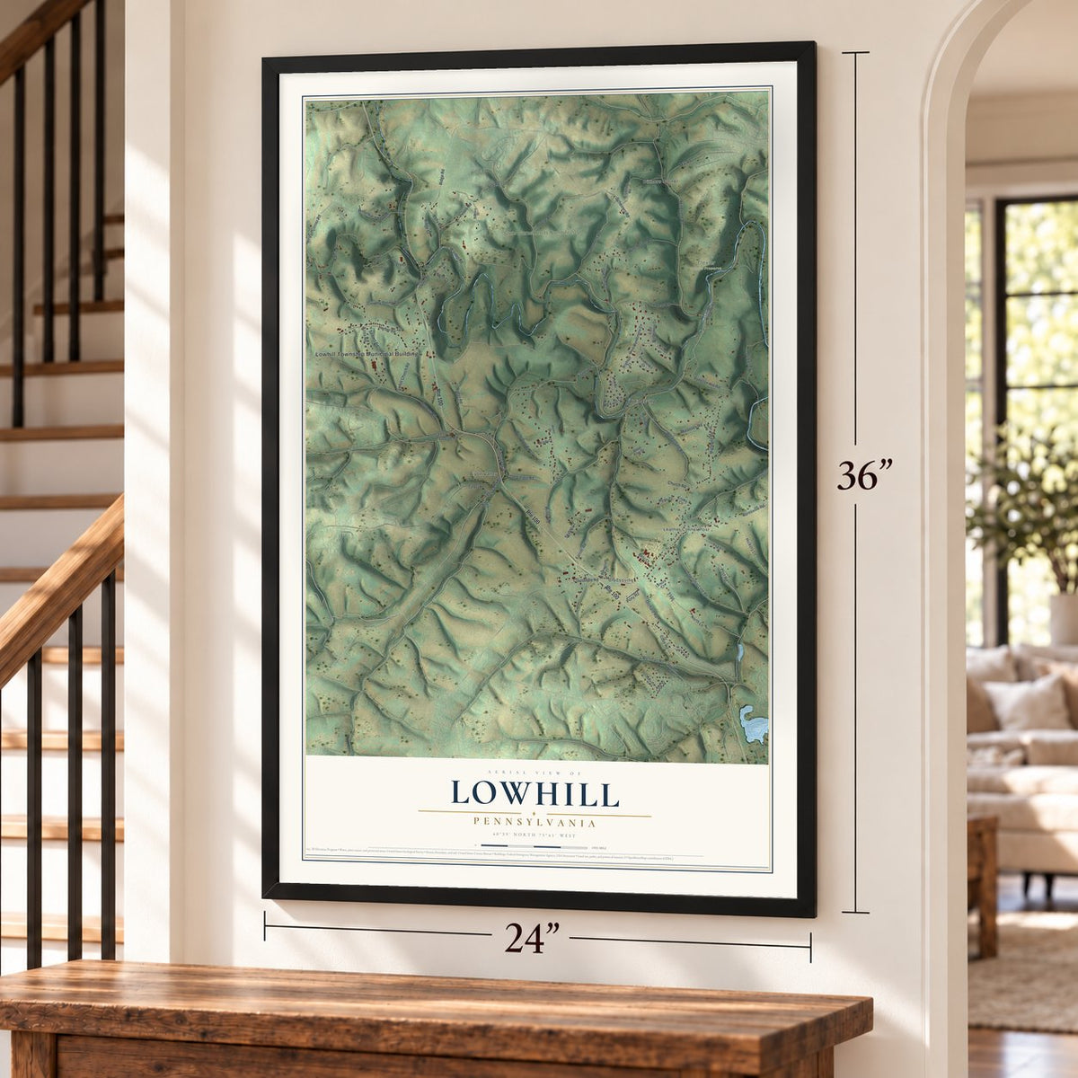 Lowhill, Pennsylvania map, 24 x 36 inch print in a black frame by a staircase