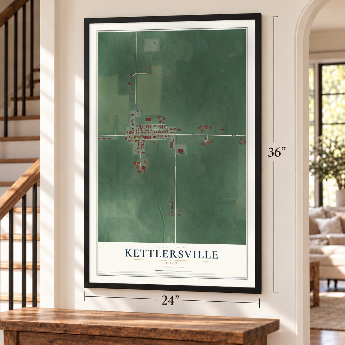 Kettlersville, Ohio map, 24 x 36 inch print in a black frame by a staircase