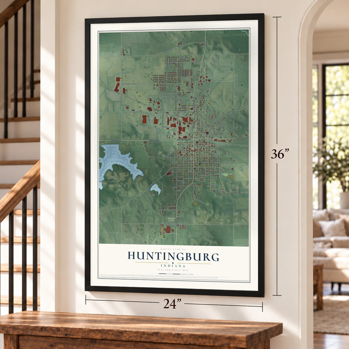Huntingburg, Indiana map, 24 x 36 inch print in a black frame by a staircase