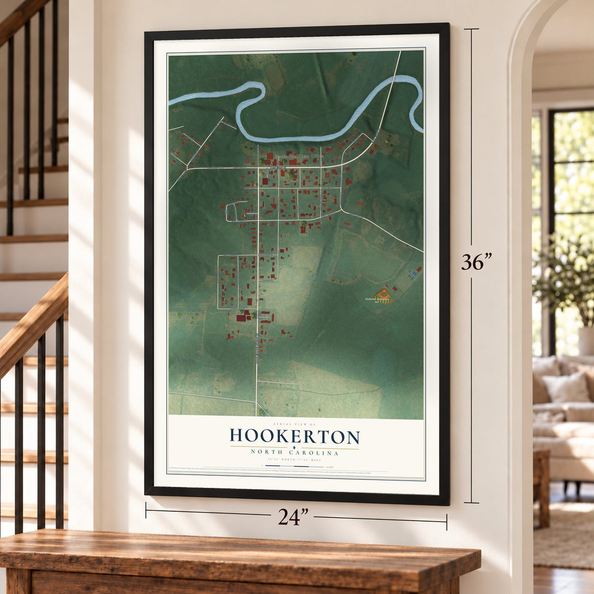 Hookerton, North Carolina map, 24 x 36 inch print in a black frame by a staircase