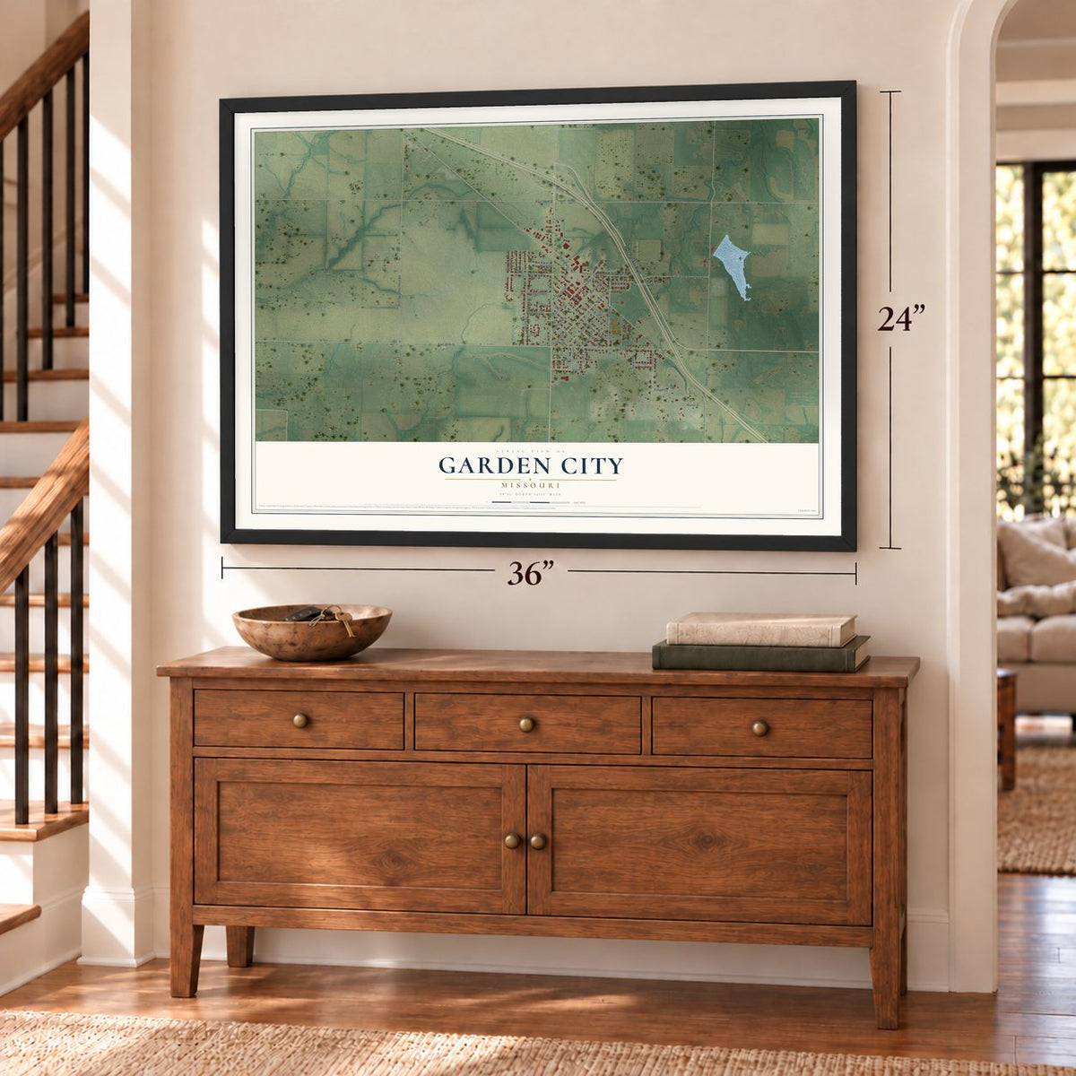 Garden City, Missouri map, 24 x 36 inch print in a black frame above a dresser by a staircase