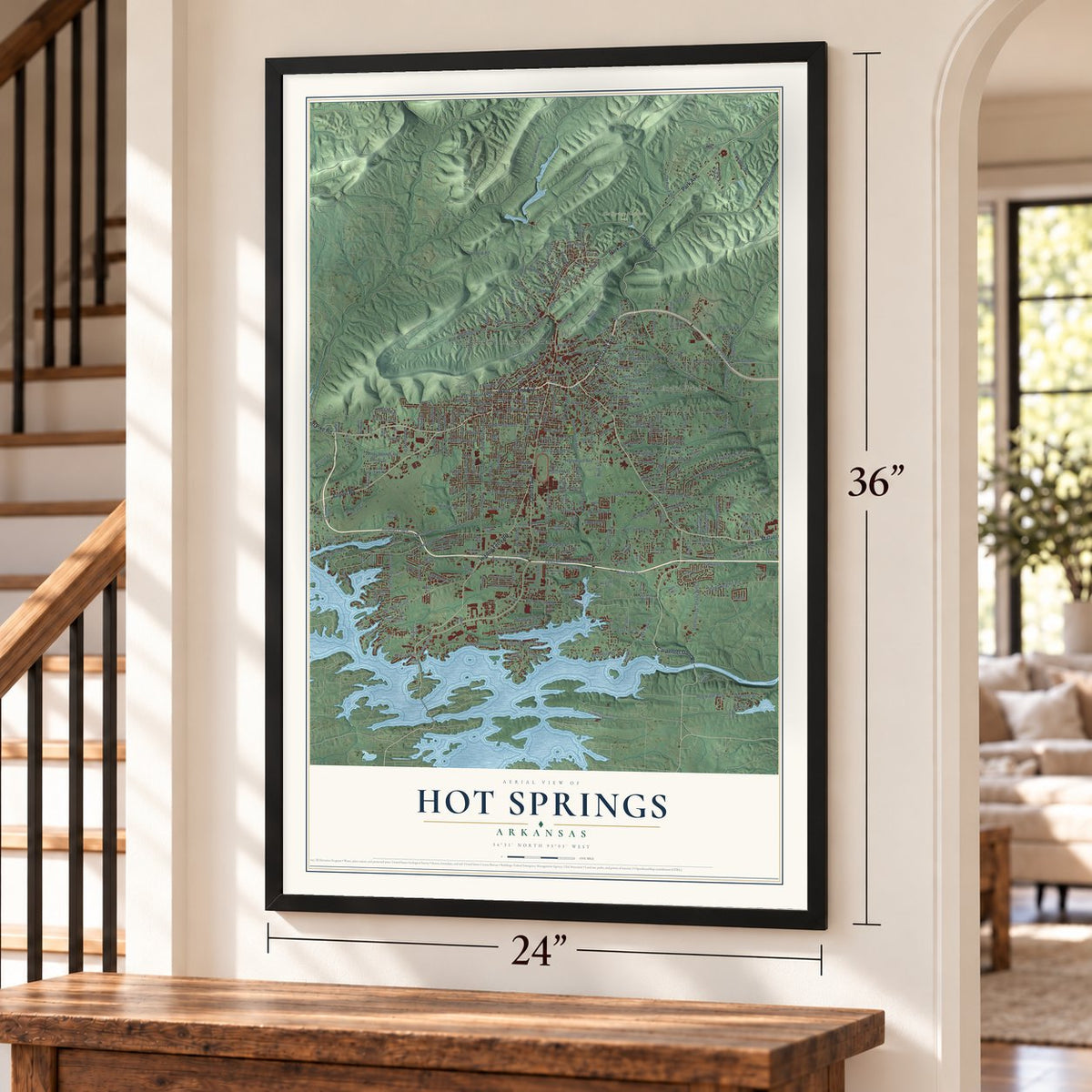 Hot Springs, Arkansas map, 24 x 36 inch print in a black frame by a staircase