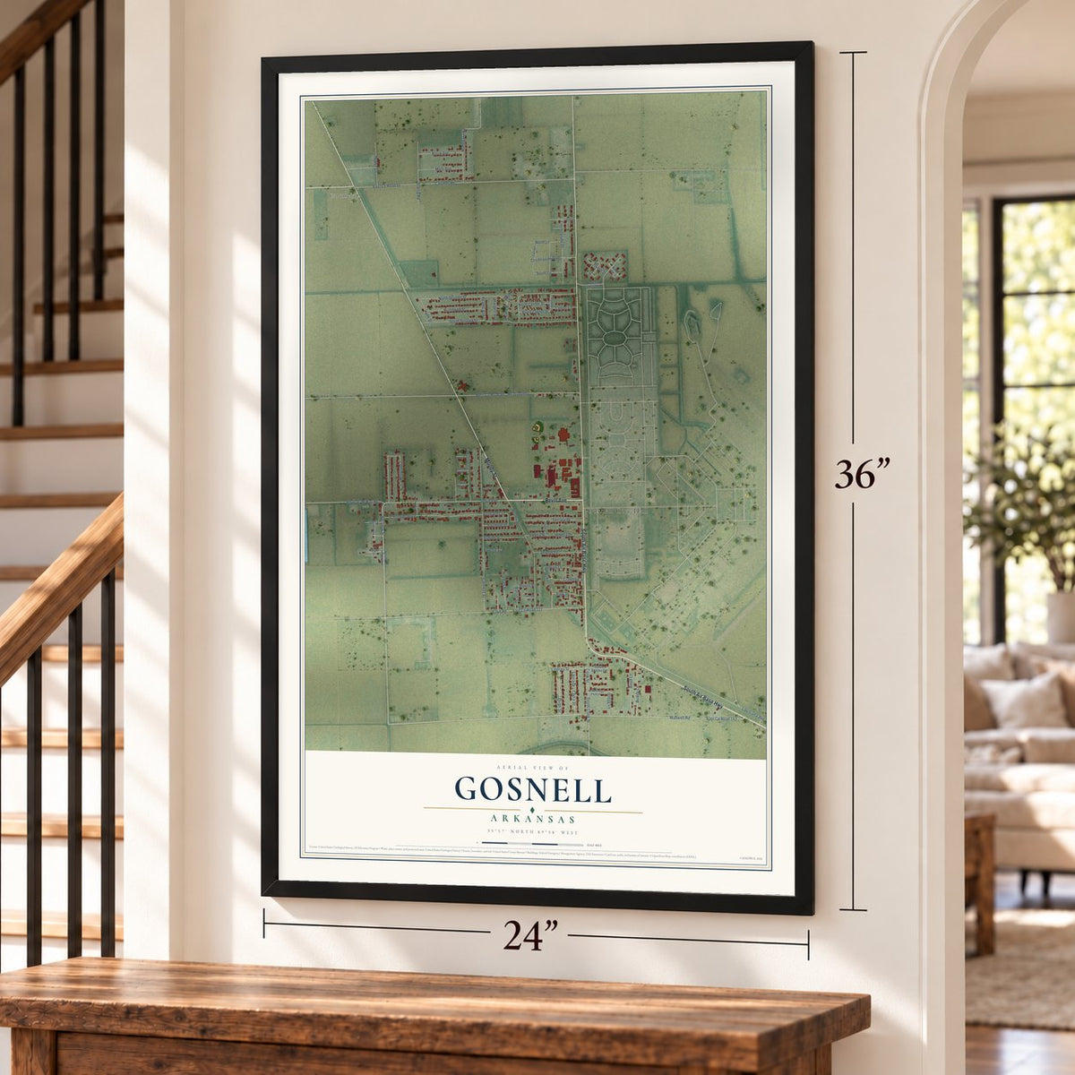 Gosnell, Arkansas map, 24 x 36 inch print in a black frame by a staircase