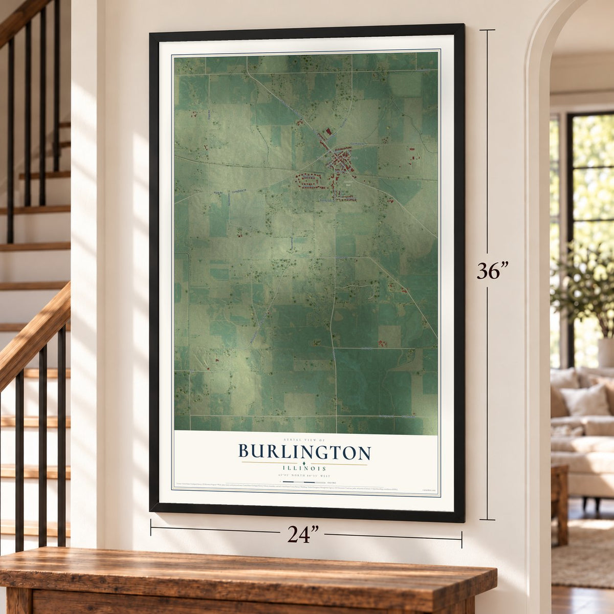 Burlington, Illinois map, 24 x 36 inch print in a black frame by a staircase