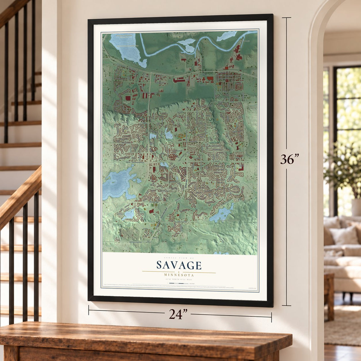 Savage, Minnesota map, 24 x 36 inch print in a black frame by a staircase