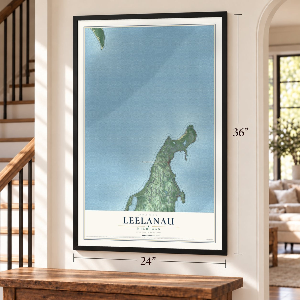 Leelanau, Michigan map, 24 x 36 inch print in a black frame by a staircase