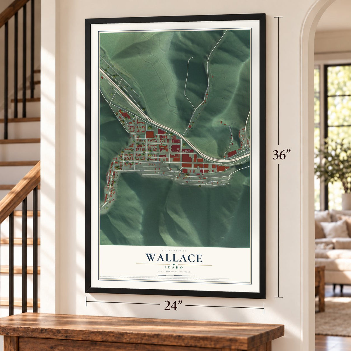 Wallace, Idaho map, 24 x 36 inch print in a black frame by a staircase