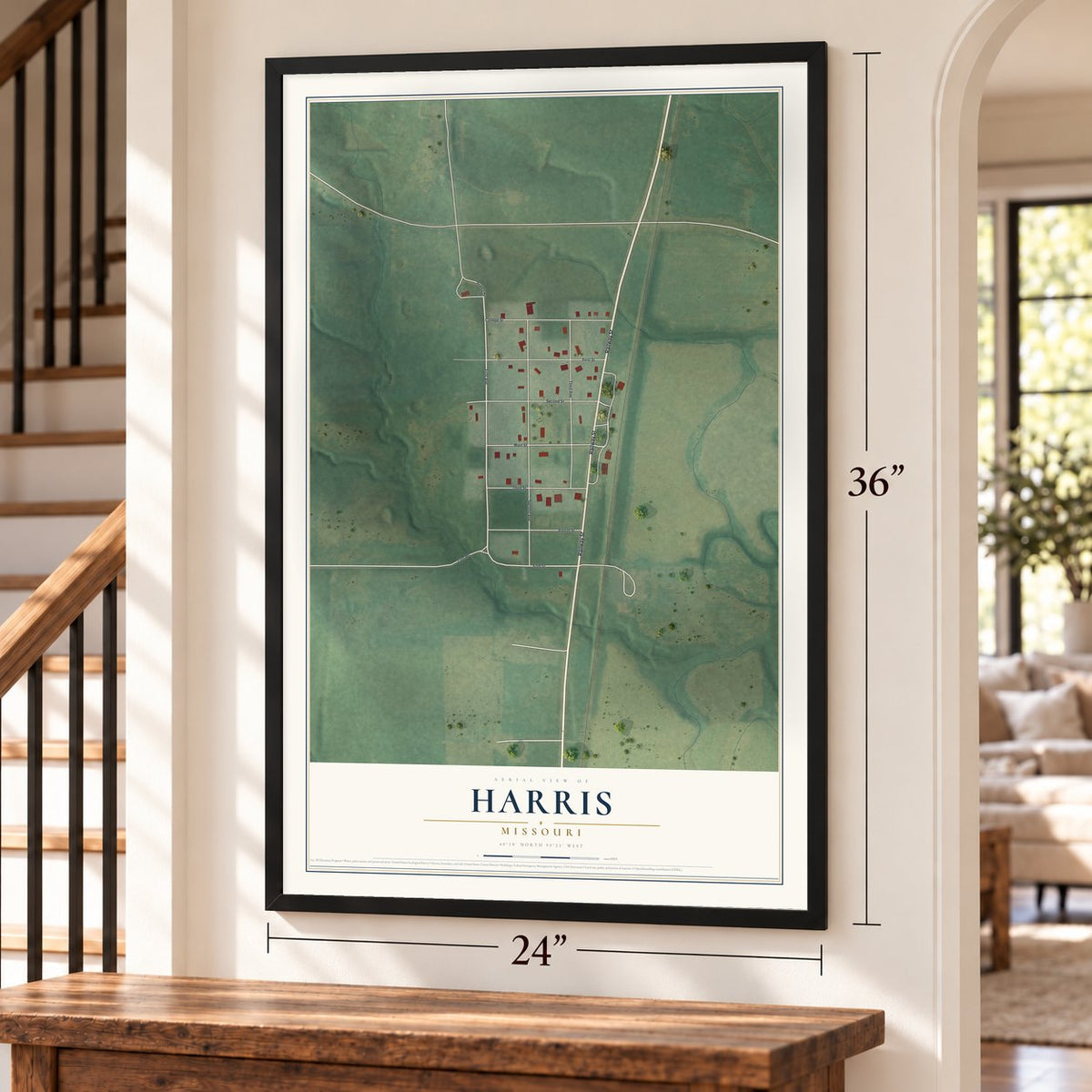 Harris, Missouri map, 24 x 36 inch print in a black frame by a staircase