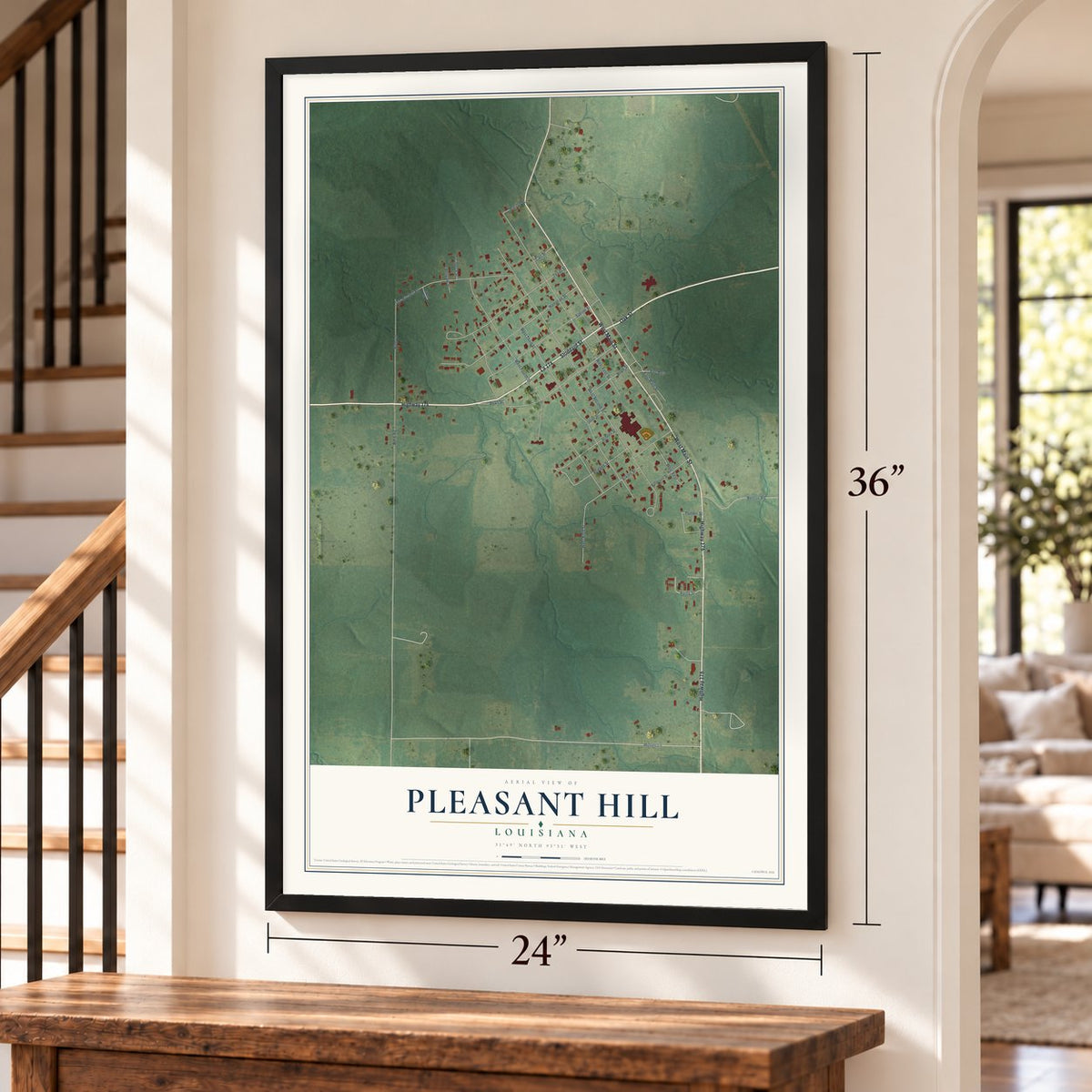 Pleasant Hill, Louisiana map, 24 x 36 inch print in a black frame by a staircase