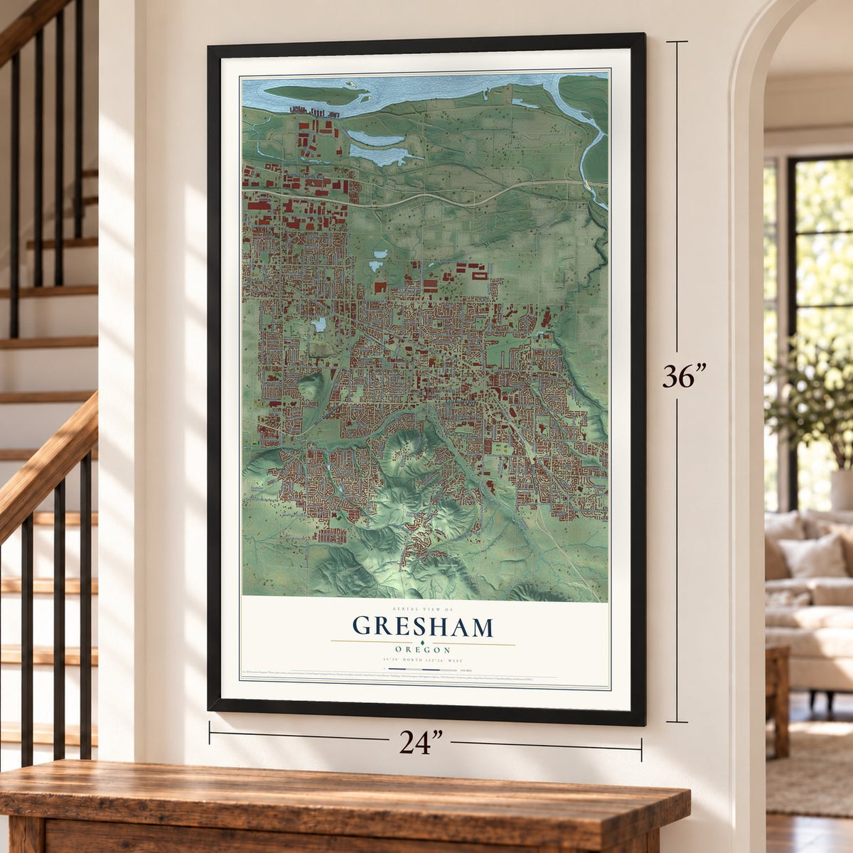Gresham, Oregon map, 24 x 36 inch print in a black frame by a staircase