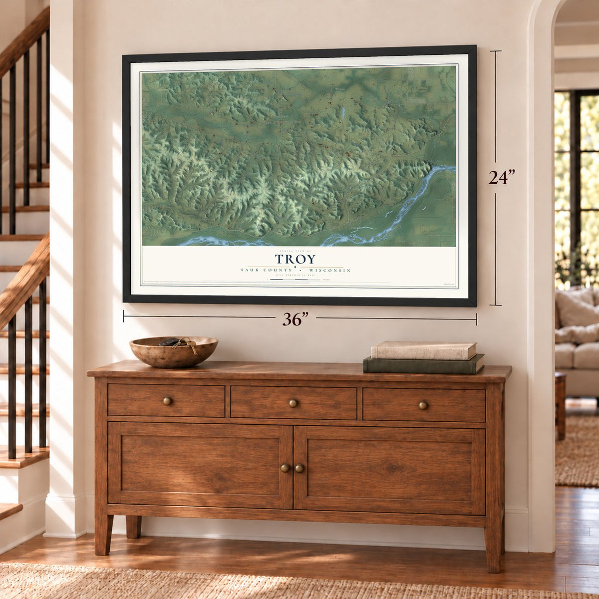 Troy, Sauk County, Wisconsin map, 24 x 36 inch print in a black frame above a dresser by a staircase