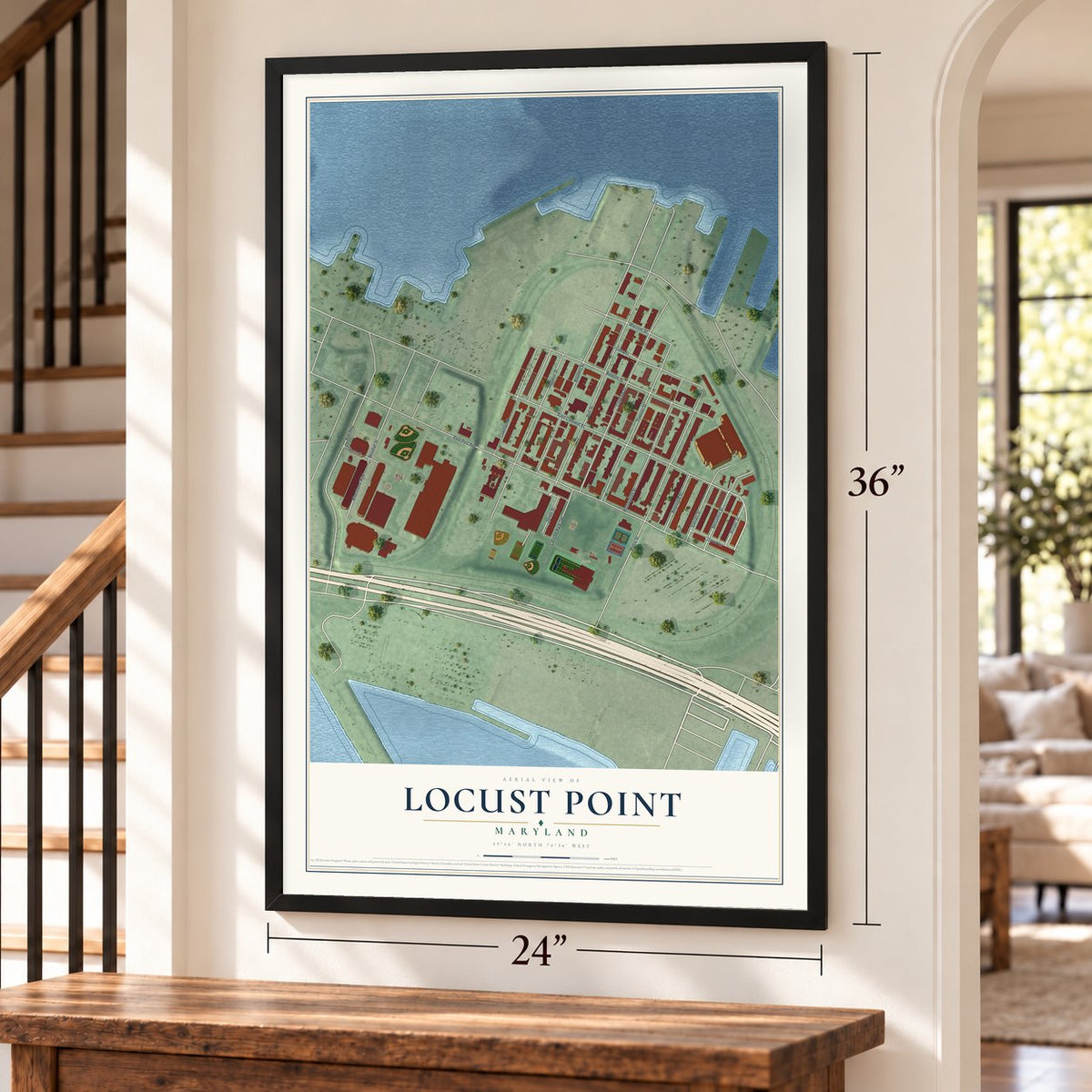 Locust Point, Maryland map, 24 x 36 inch print in a black frame by a staircase