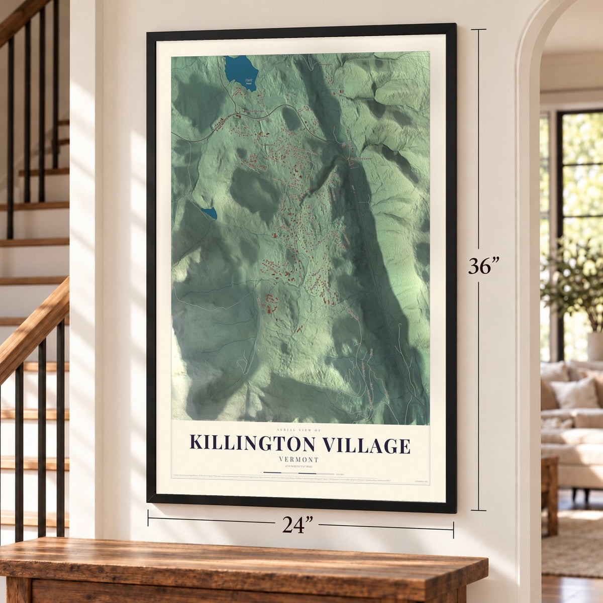 Killington Village, Vermont map, 24 x 36 inch print in a black frame by a staircase