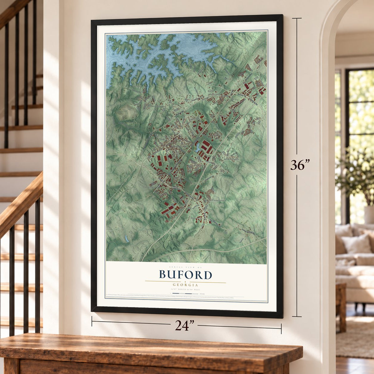 Buford, Georgia map, 24 x 36 inch print in a black frame by a staircase