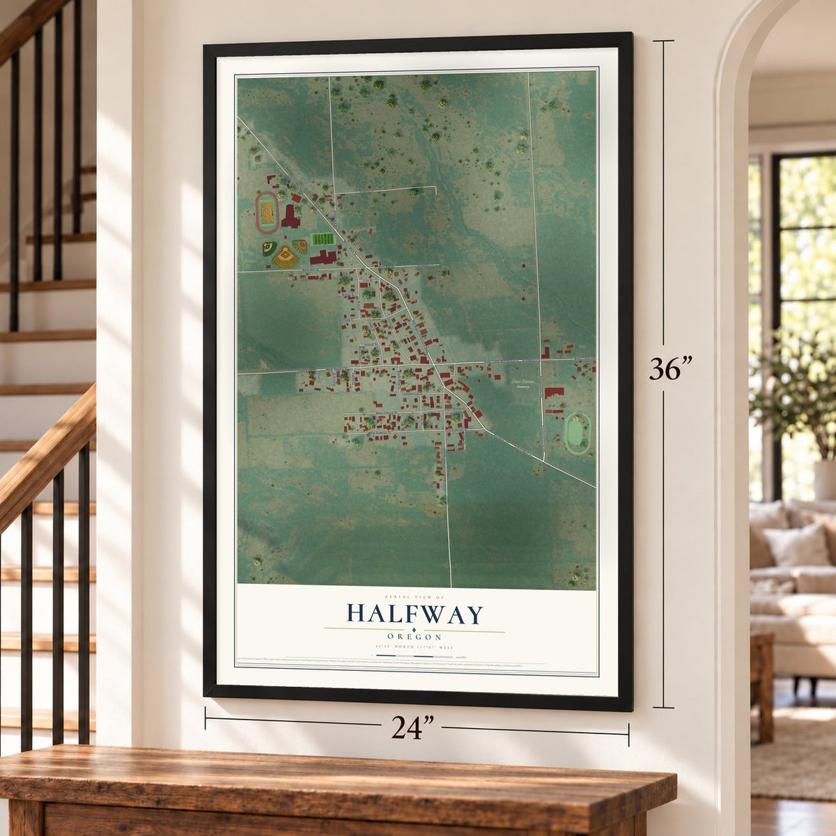 Halfway, Oregon map, 24 x 36 inch print in a black frame by a staircase