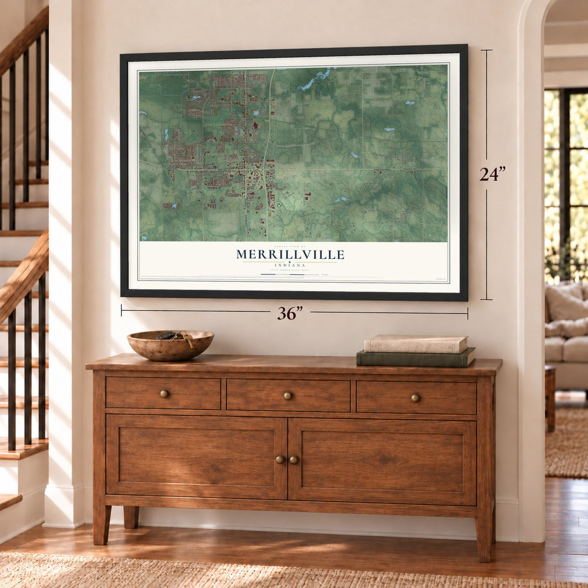 Merrillville, Indiana map, 24 x 36 inch print in a black frame above a dresser by a staircase