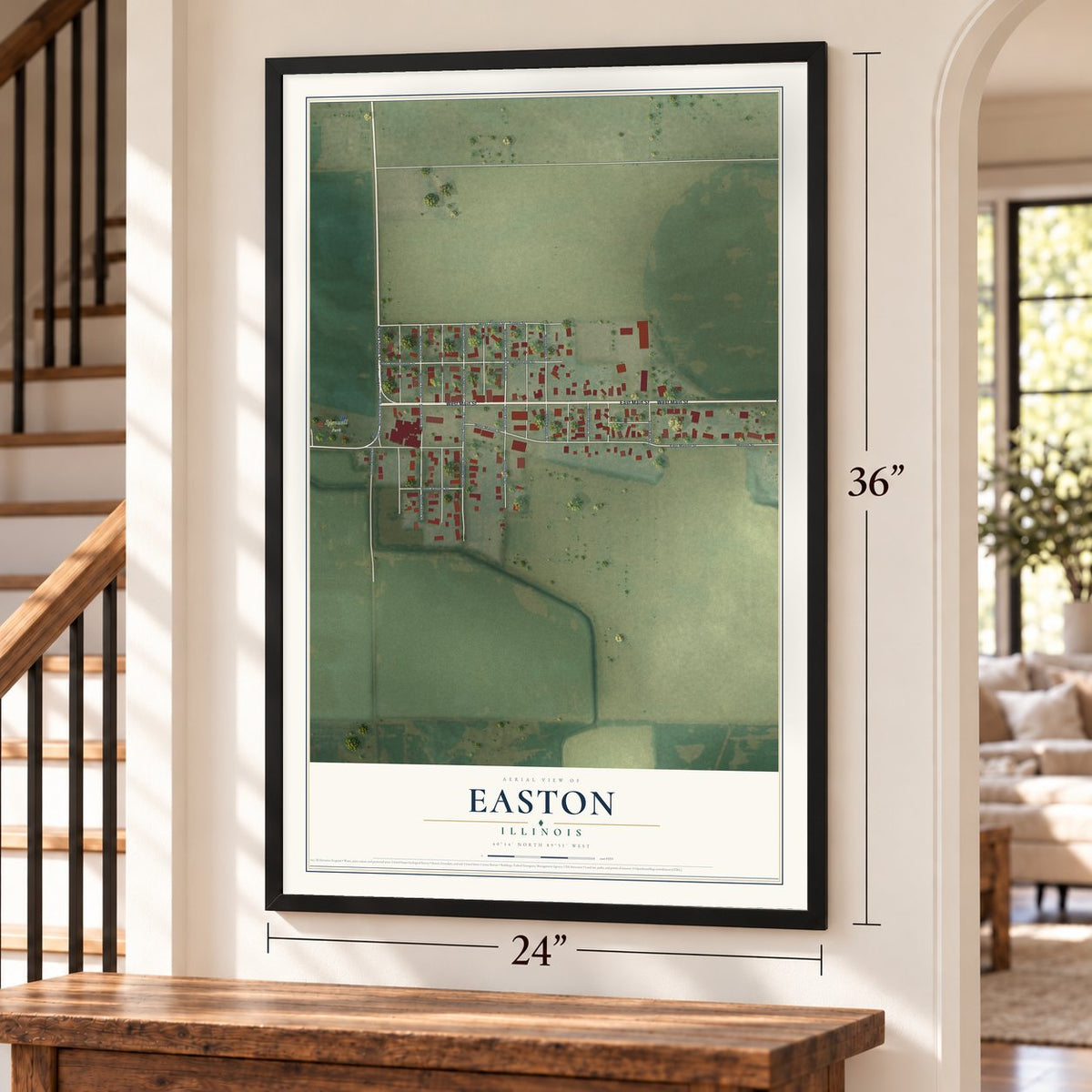 Easton, Illinois map, 24 x 36 inch print in a black frame by a staircase