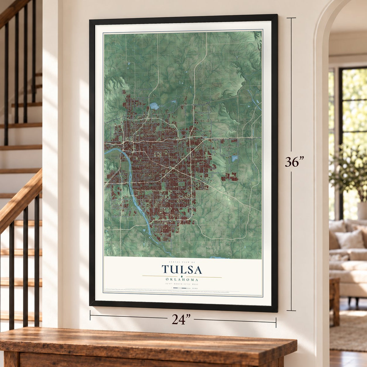 Tulsa, Oklahoma map, 24 x 36 inch print in a black frame by a staircase