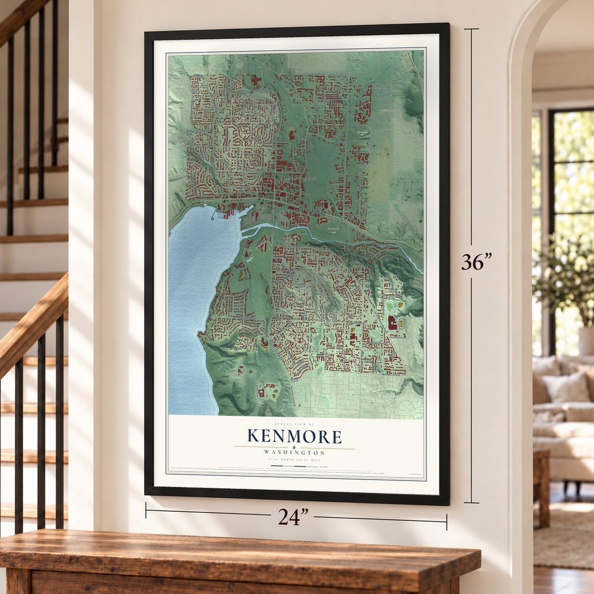 Kenmore, Washington map, 24 x 36 inch print in a black frame by a staircase