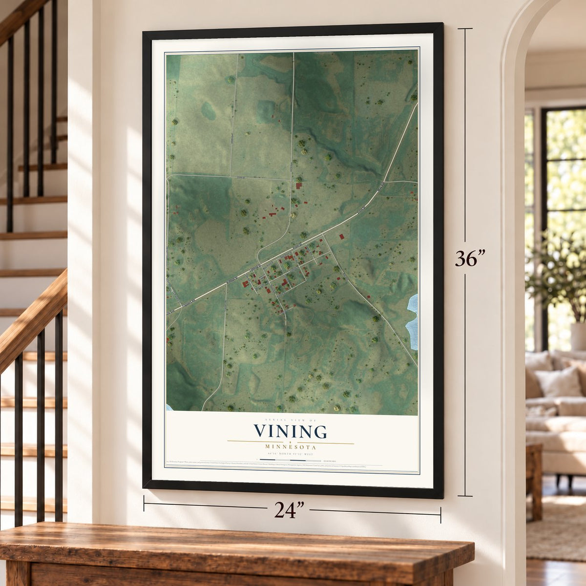 Vining, Minnesota map, 24 x 36 inch print in a black frame by a staircase