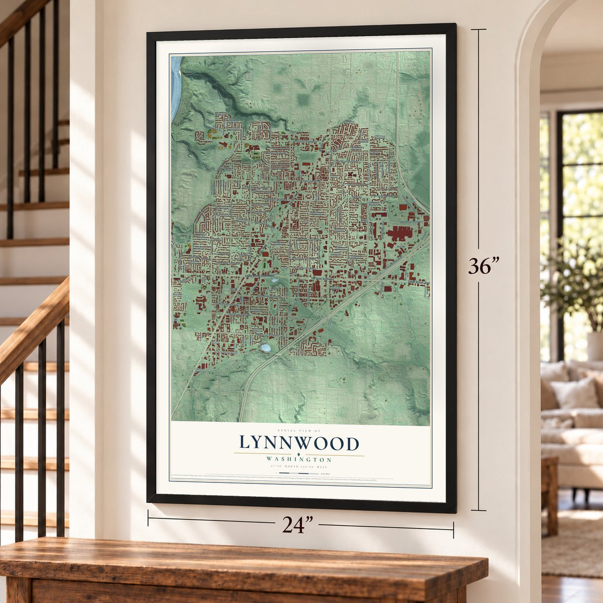 Lynnwood, Washington map, 24 x 36 inch print in a black frame by a staircase