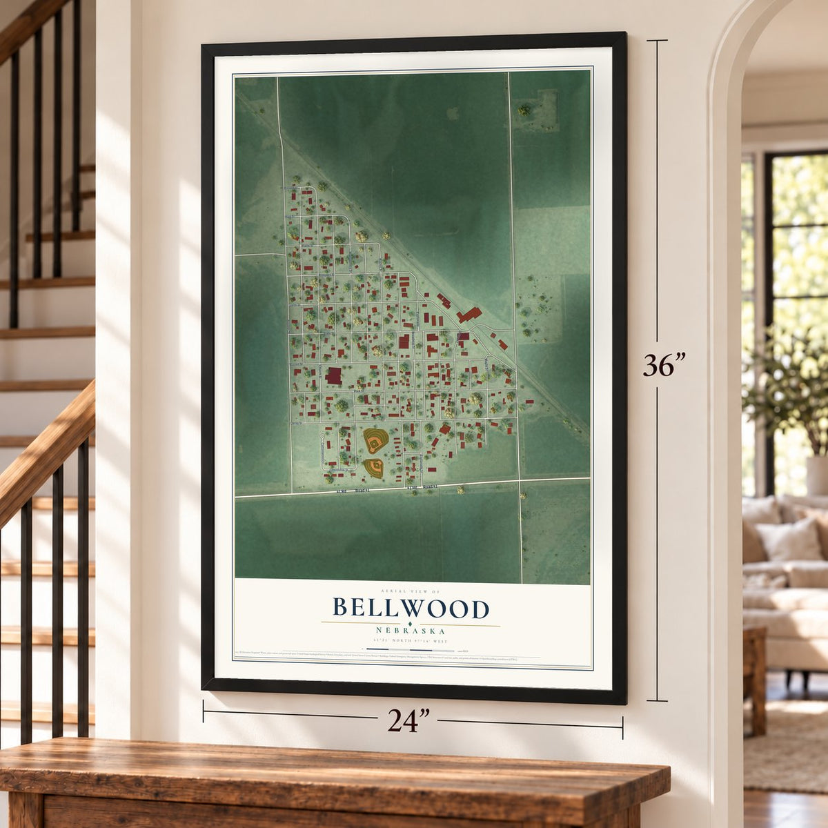 Bellwood, Nebraska map, 24 x 36 inch print in a black frame by a staircase