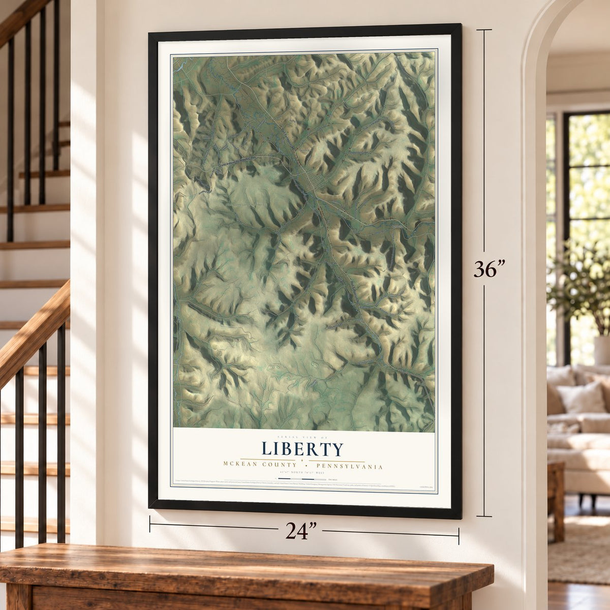 Liberty, McKean County, Pennsylvania map, 24 x 36 inch print in a black frame by a staircase