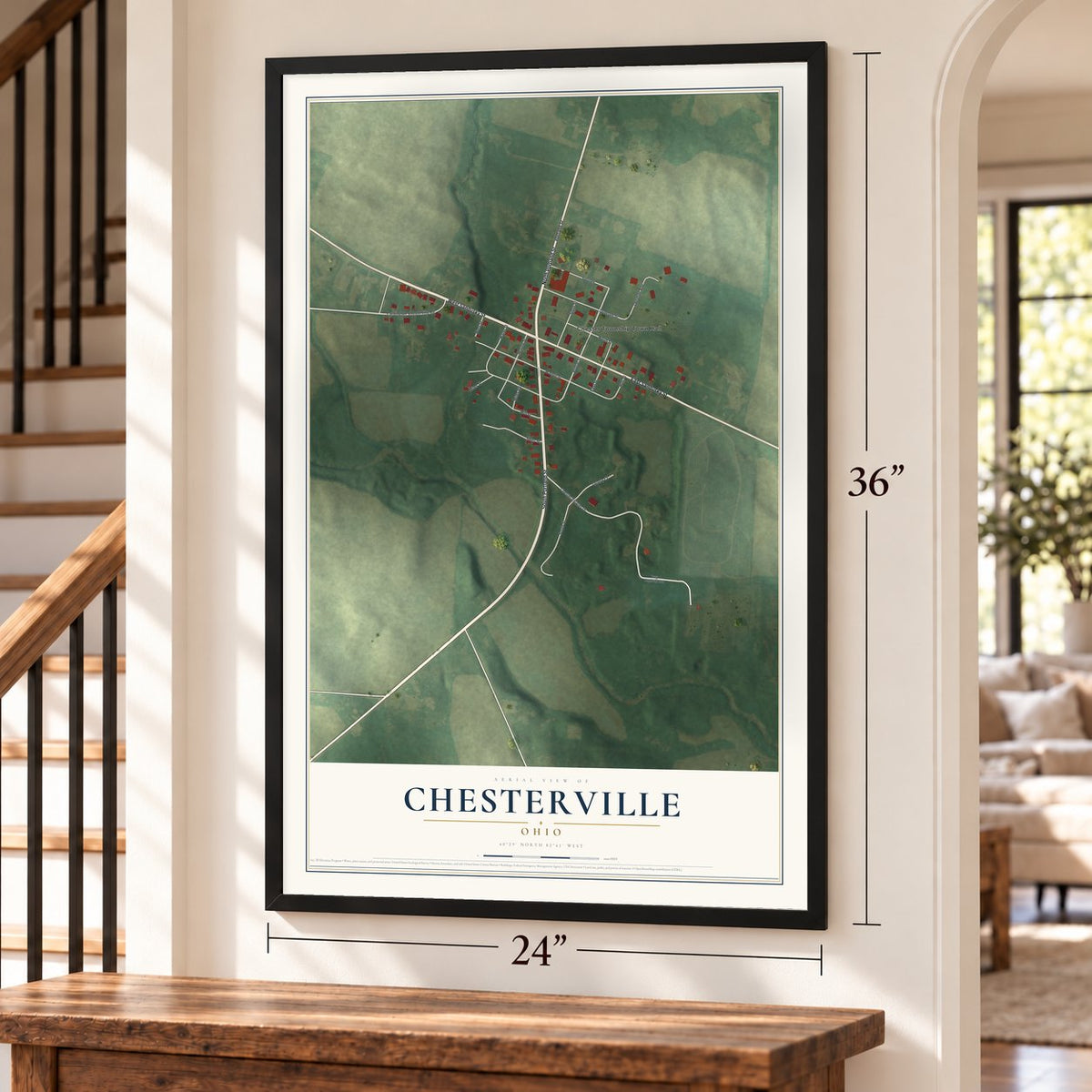 Chesterville, Ohio map, 24 x 36 inch print in a black frame by a staircase