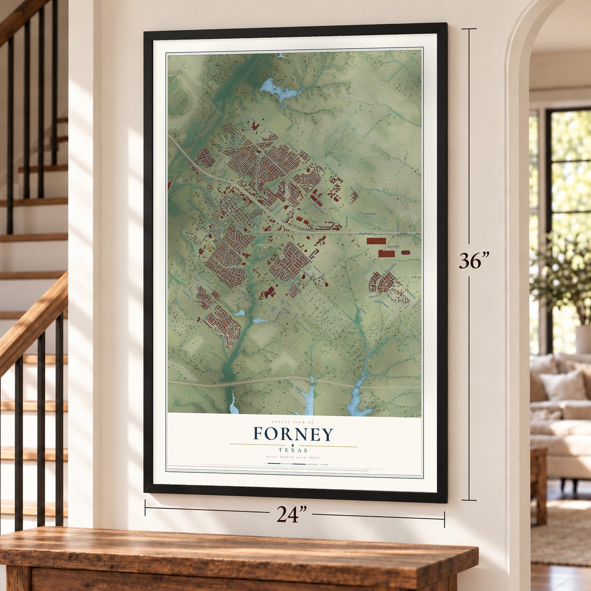 Forney, Texas map, 24 x 36 inch print in a black frame by a staircase
