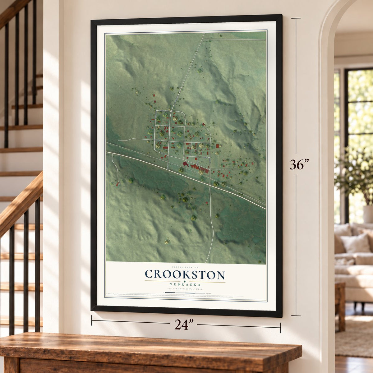 Crookston, Nebraska map, 24 x 36 inch print in a black frame by a staircase