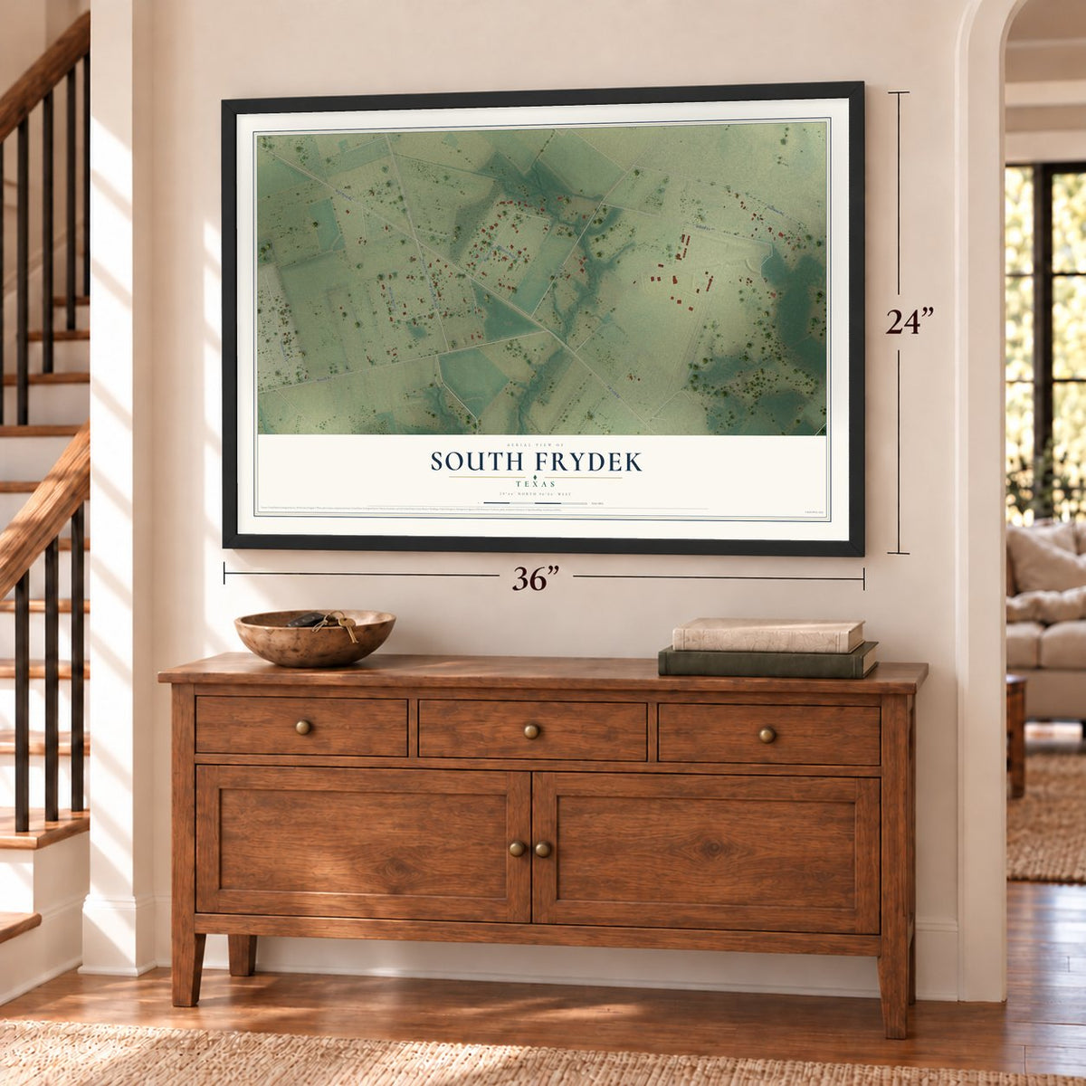 South Frydek, Texas map, 24 x 36 inch print in a black frame above a dresser by a staircase