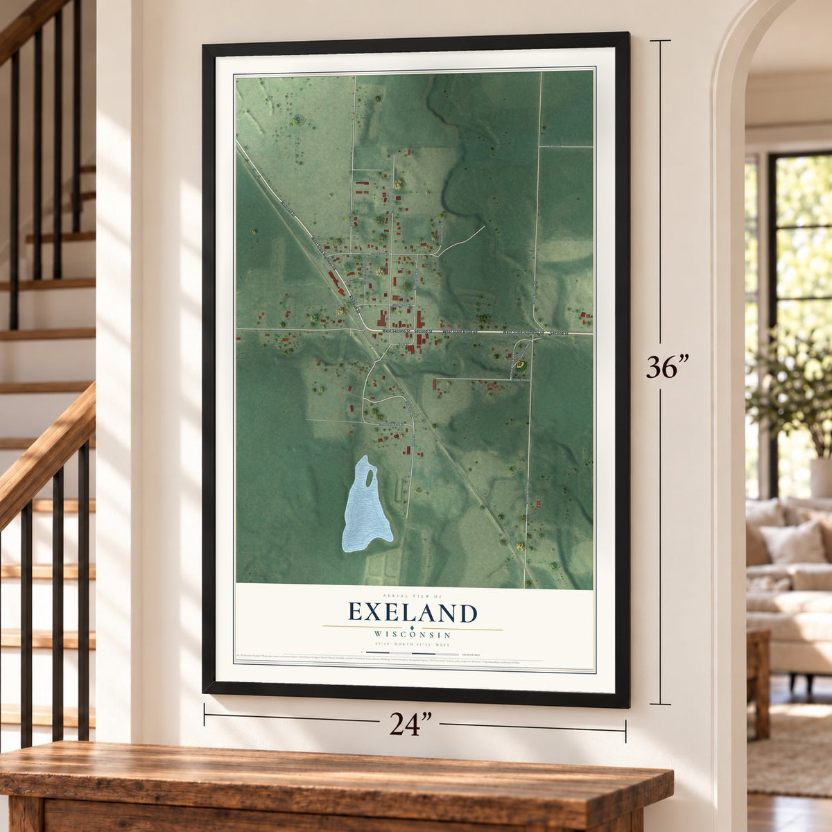 Exeland, Wisconsin map, 24 x 36 inch print in a black frame by a staircase