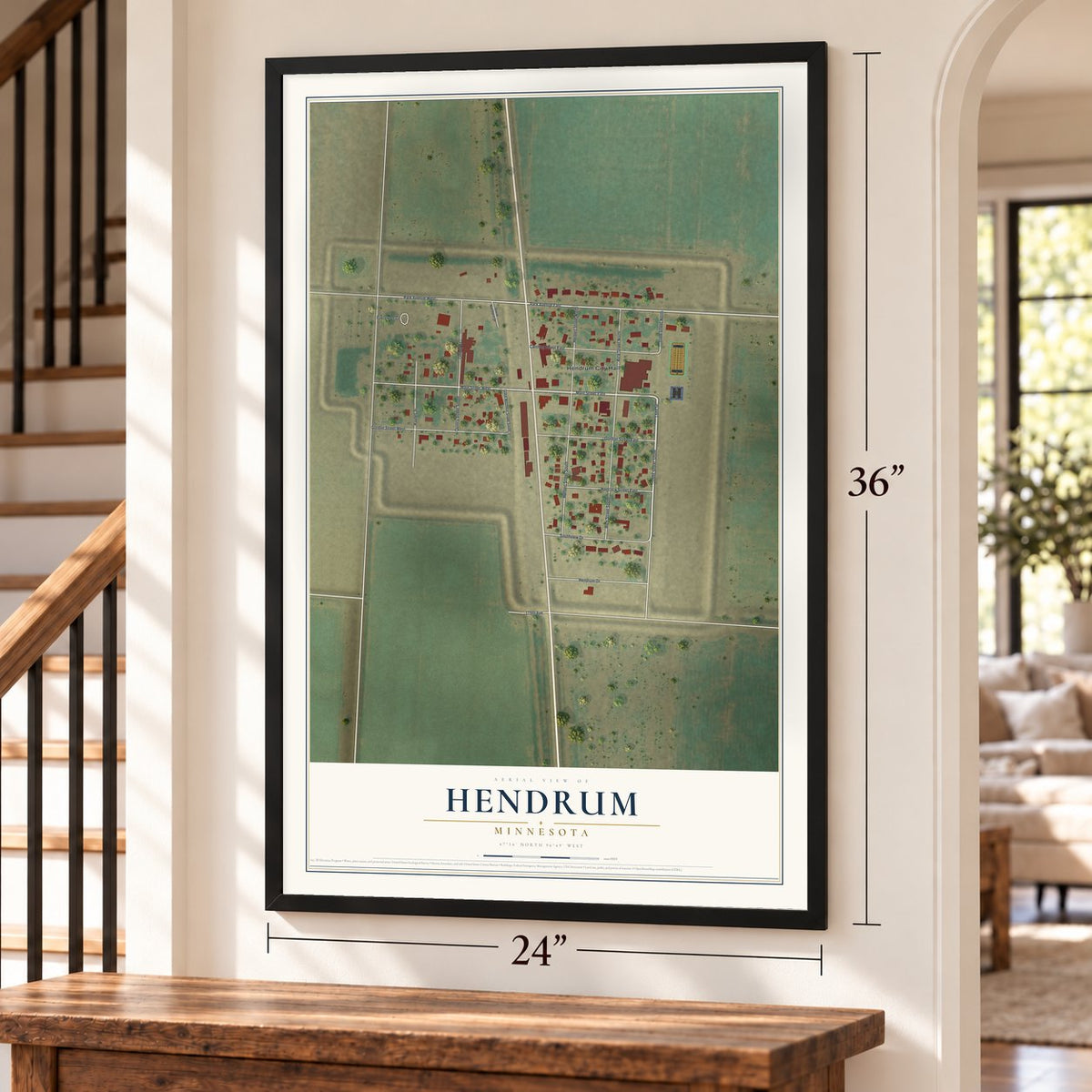 Hendrum, Minnesota map, 24 x 36 inch print in a black frame by a staircase