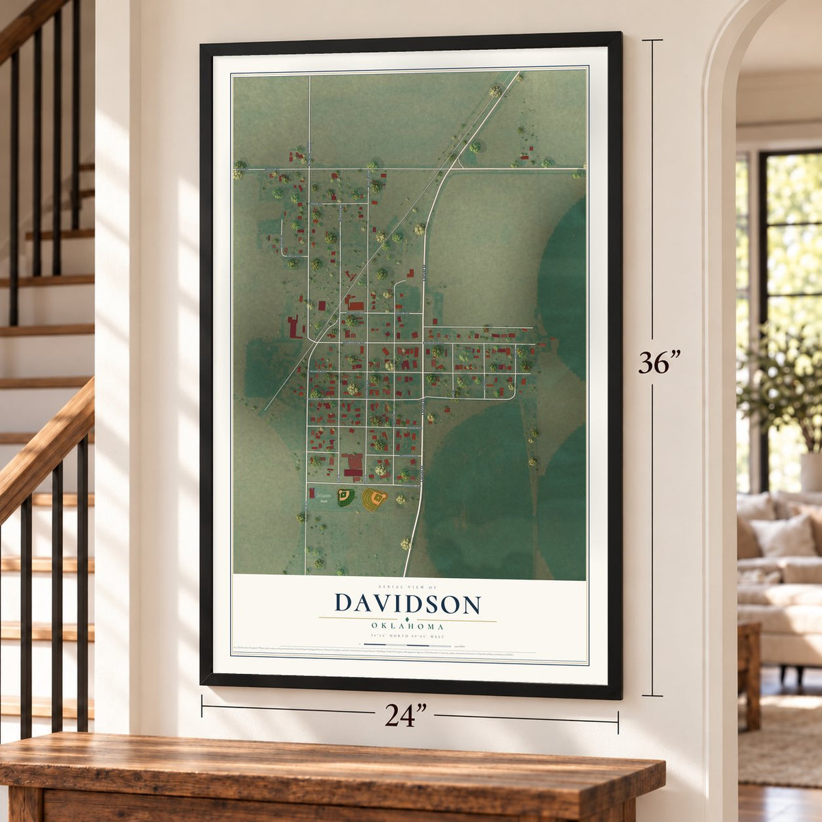 Davidson, Oklahoma map, 24 x 36 inch print in a black frame by a staircase