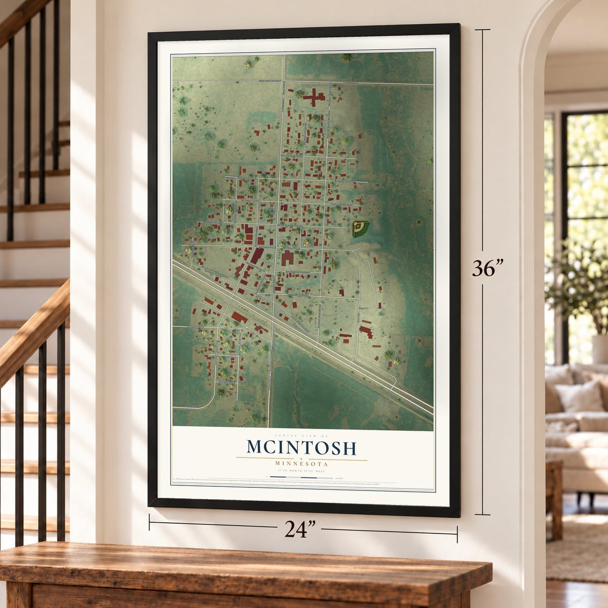 McIntosh, Minnesota map, 24 x 36 inch print in a black frame by a staircase