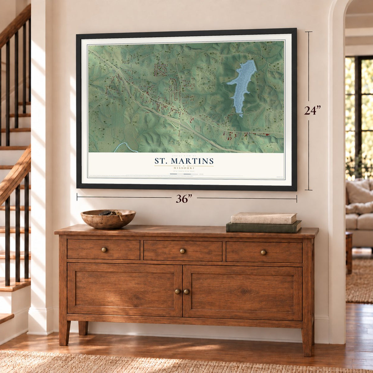 St. Martins, Missouri map, 24 x 36 inch print in a black frame above a dresser by a staircase
