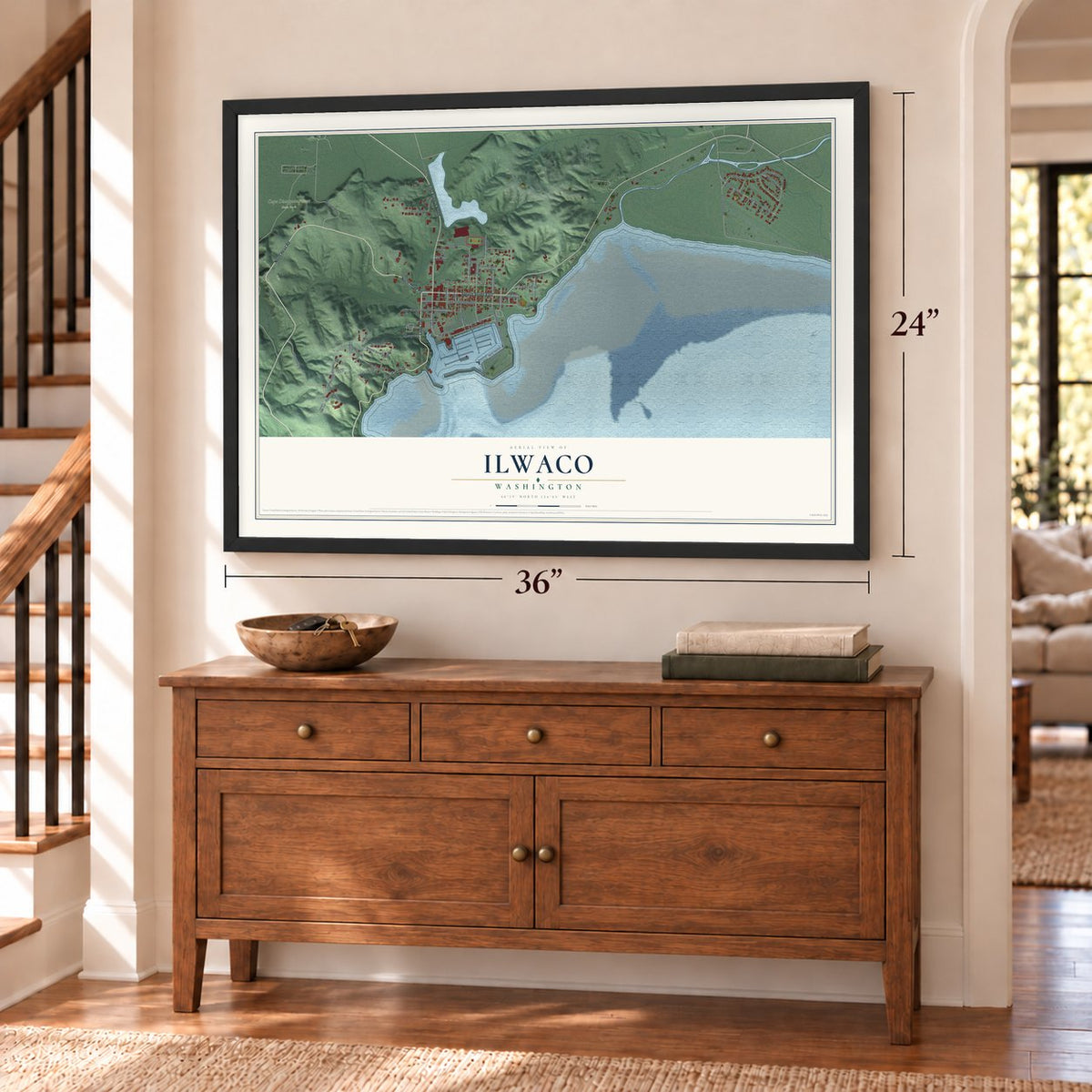 Ilwaco, Washington map, 24 x 36 inch print in a black frame above a dresser by a staircase